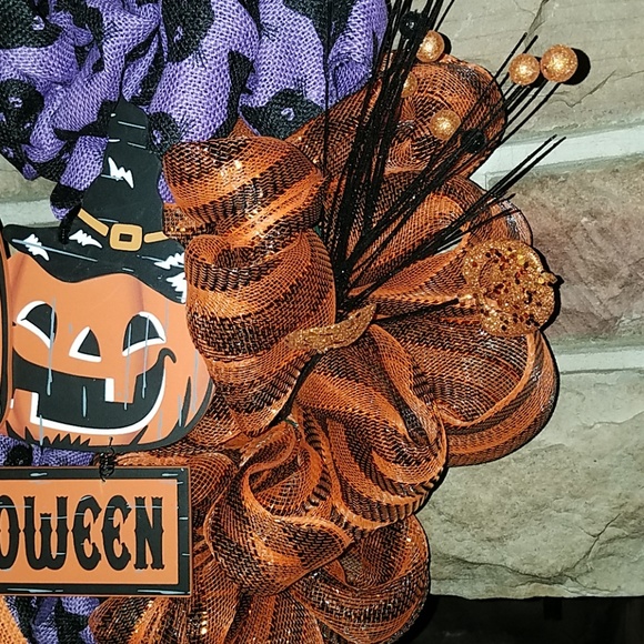 BURLAP JACK-O'-LANTERN BLACK CAT HALLOWEEN WREATH - Picture 2 of 5